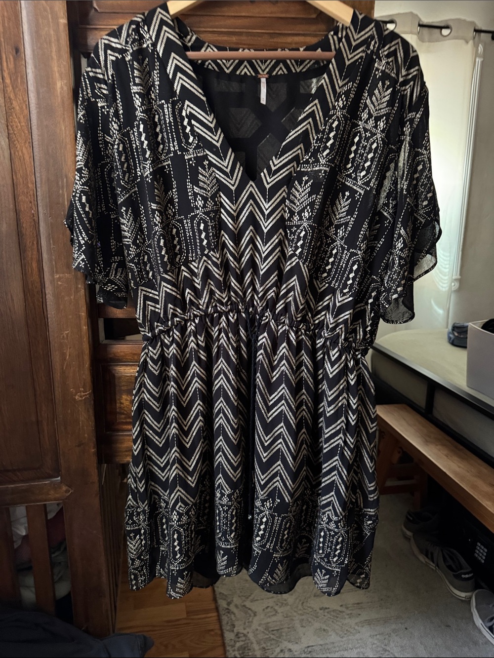 Free People Black & Gold Geometric V-Neck Tunic Dress